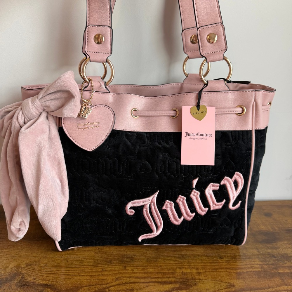 New Juicy Couture Vintage Dreams Tote Daydreamer Black Light Pink Viral Handbag